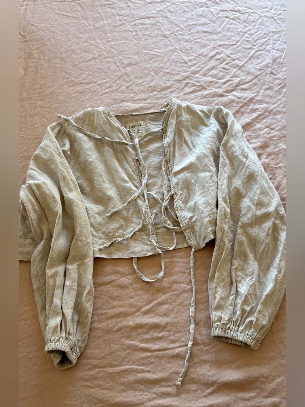 Boheme Linen Tie-Front Cropped Blouse in Light Beige